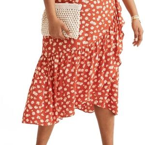Madewell Rust Floral High-Low Midi Skirt with Ruffle